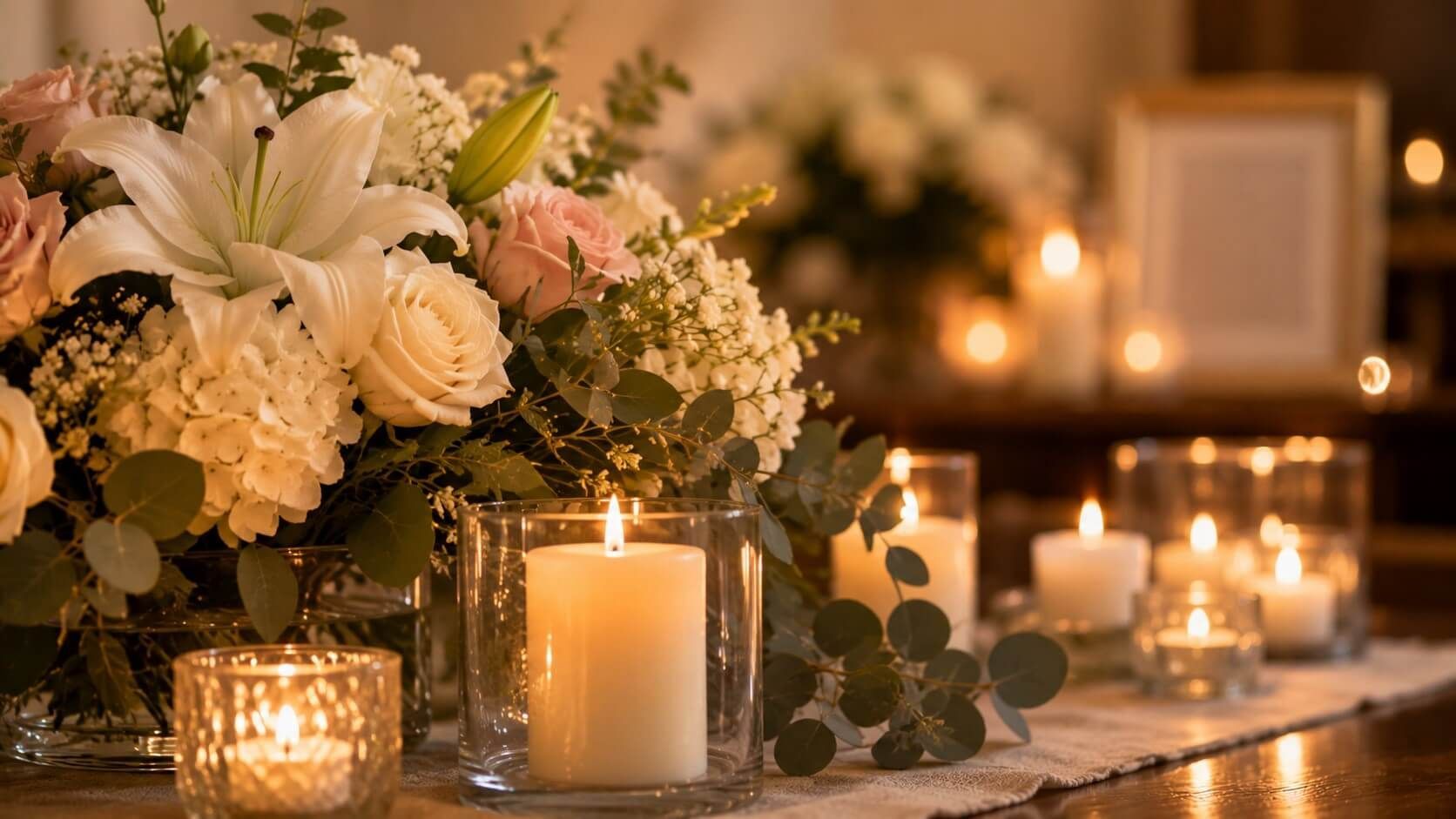 Soft flowers and glowing candles create a peaceful tribute by cremation services in Emmitsburg, MD