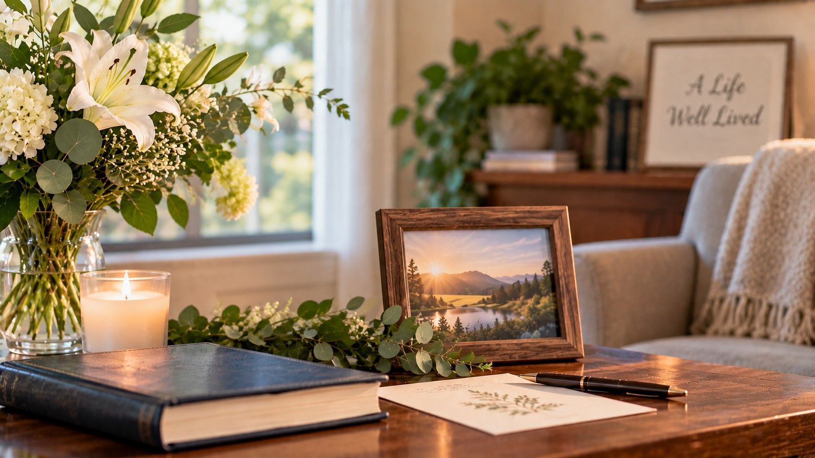 White flowers, a candle, and a framed sunrise create comfort for cremation services Taneytown, MD