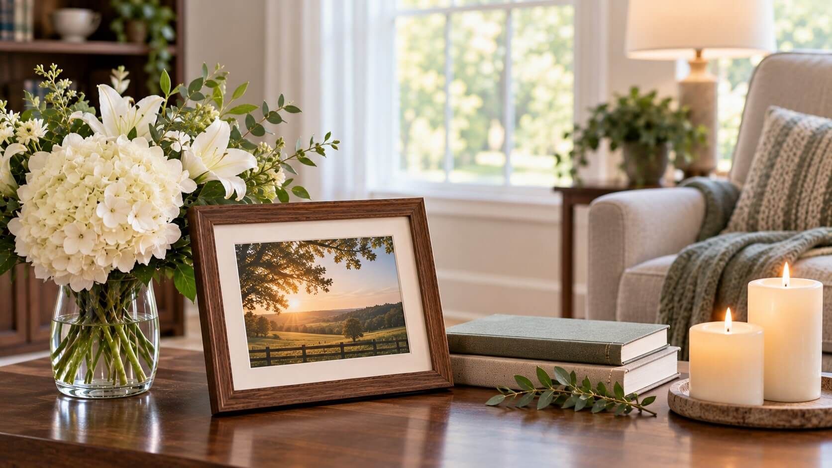White flowers and candles create a gentle tribute with cremation services in Taneytown, MD nearby