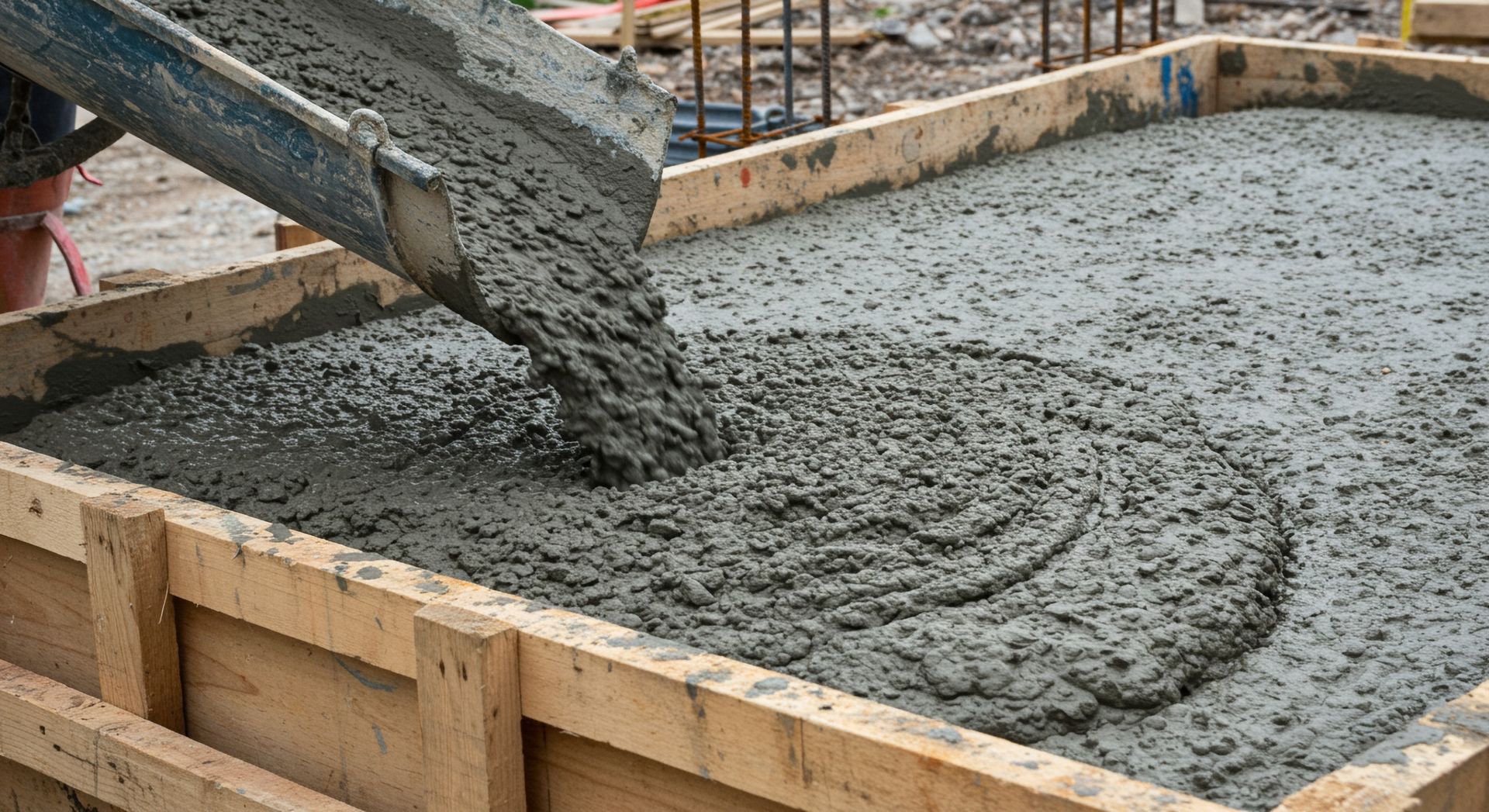 Formwork being filled with wet concrete from a chute at a construction site. Formwork being filled with wet concrete from a chute at a construction site.