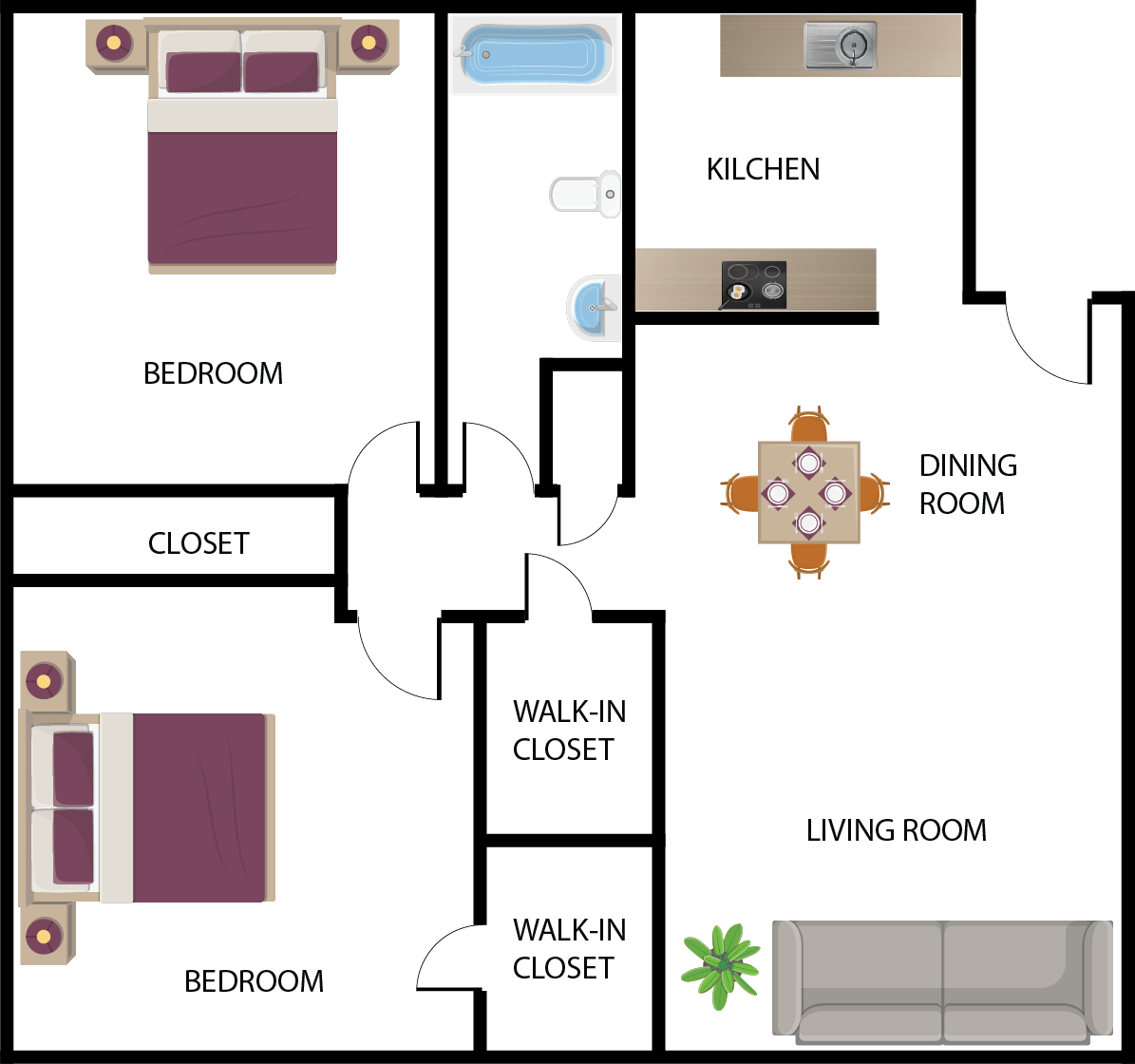 Floor plan of a two-bedroom apartment with a kitchen, dining area, and living room.