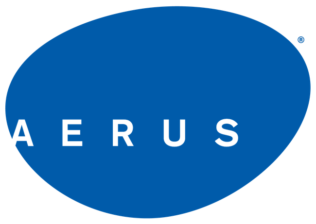 Blue oval AERUS logo with white letters