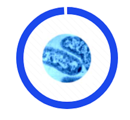 Blue circular icon with a light blue microscope inside a ring.