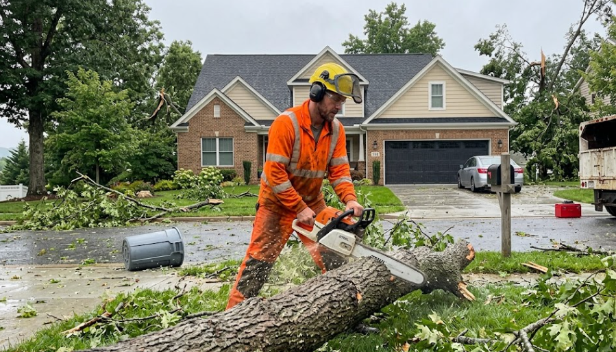 Professional arborist from Top Tree Service Harrisonburg safely cutting a fallen tree branch after a storm.