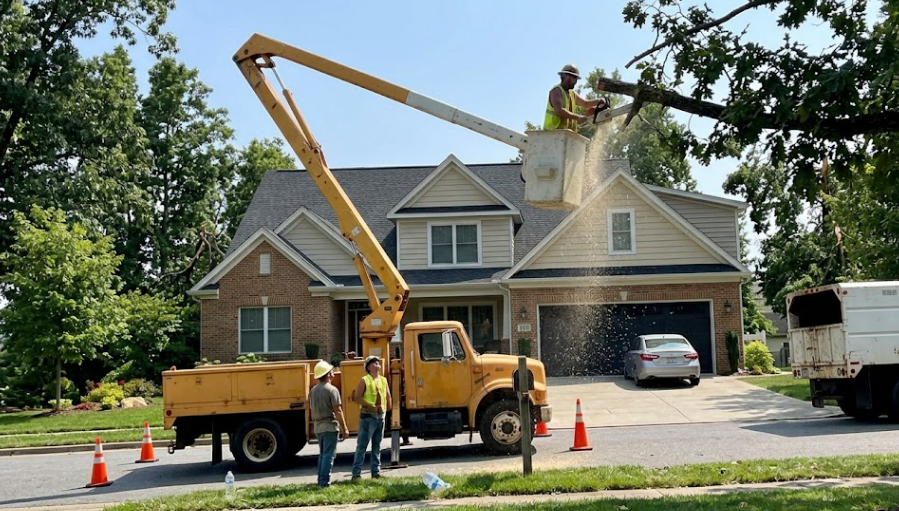 Emergency tree service bucket truck safely removing dangerous branches away from a home in Harrisonburg VA.