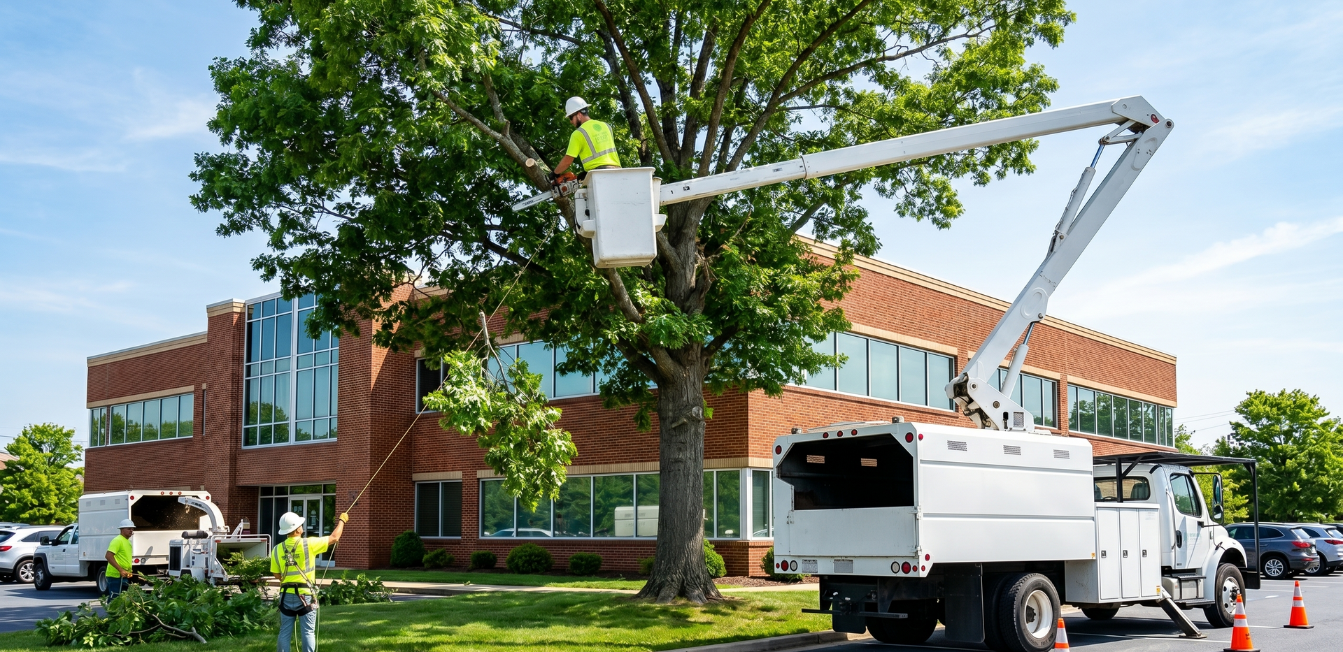 A worker is trimming and removing dead branches in a commercial space in Harrisonburg.