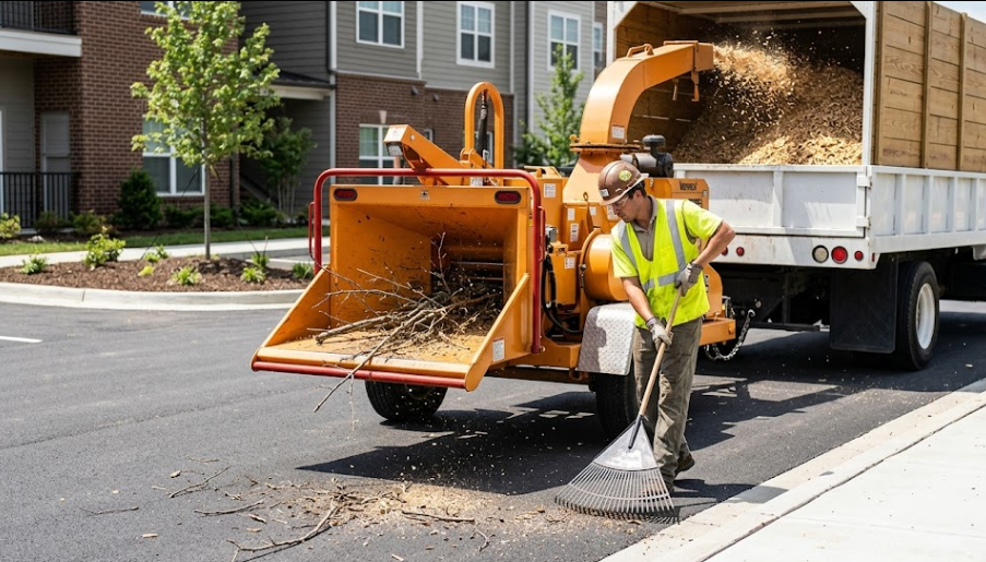 Thorough cleanup after commercial tree pruning, leaving the business property spotless.
