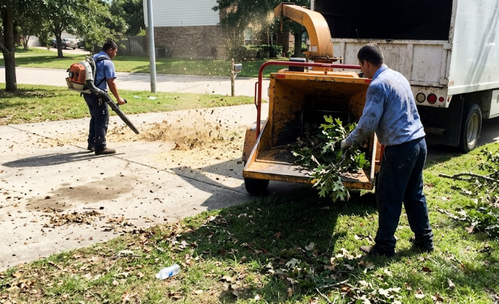 Tree service crew cleaning up branches and twigs from a driveway after finishing a tree trimming job.