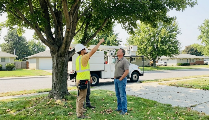 Top Tree Service Harrisonburg experts discussing a customized tree treatment plan with a local homeowner.