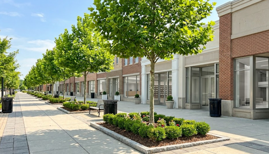 Neatly trimmed and healthy trees outside a commercial storefront showing the benefits of regular tree care.