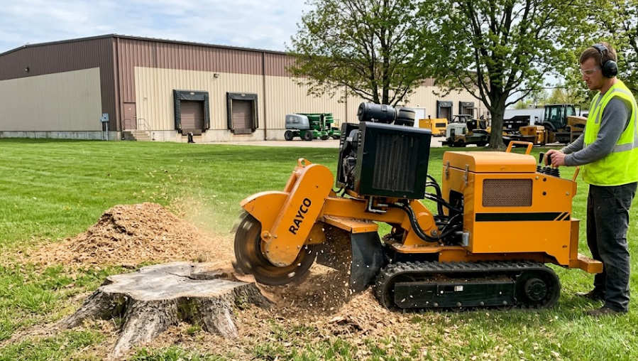 A worker using a stump grinder machine to remove a dangerous tripping hazard from a commercial property.