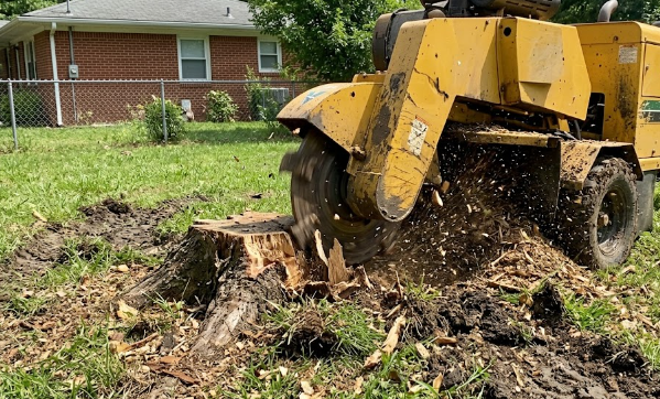 A powerful stump grinding machine removing an old tree stump in a residential yard.