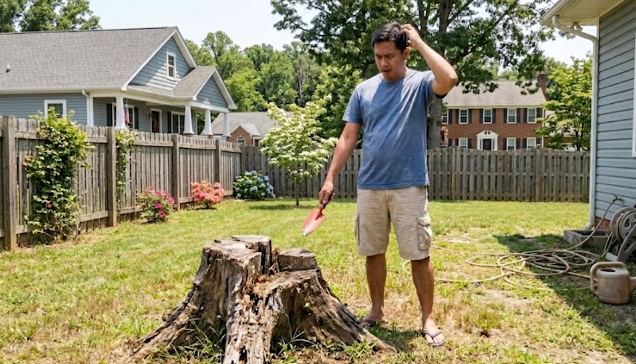 A frustrated homeowner holding a tiny shovel next to a giant tree stump, realizing DIY stump removal is a bad idea.