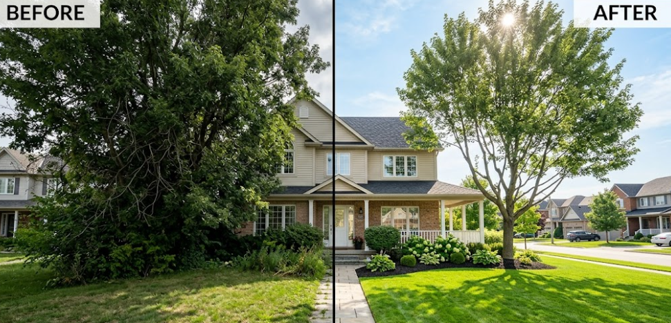 A before and after view showing the beautiful results of professional tree trimming in Harrisonburg, VA.