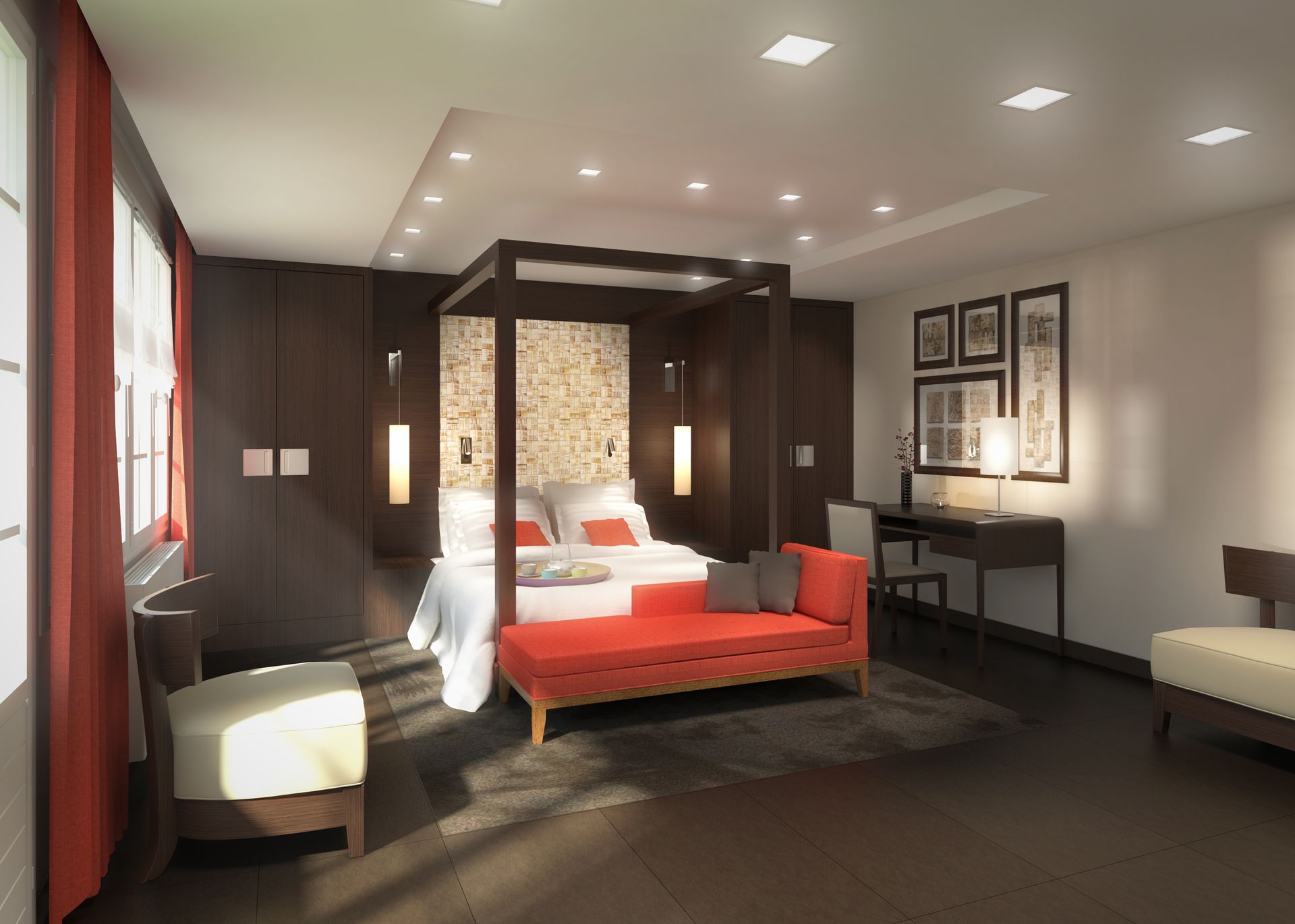 Chambre d'hôtel avec lit à baldaquin et canapé rouge, Domaine de Bellevue
