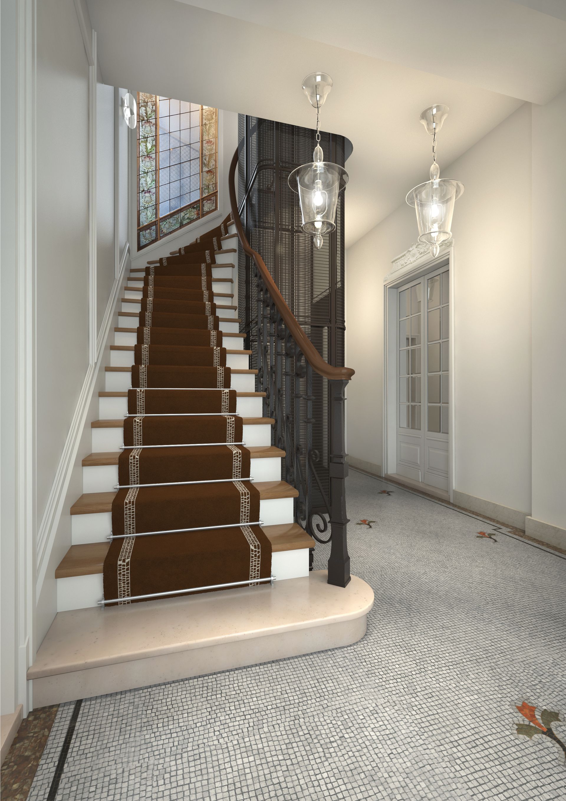 Élégant escalier avec rampe en bois foncé dans un hall d'entrée lumineux avec sol carrelé à motifs et lustres en verre.