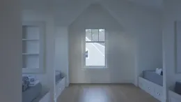 A symmetrical attic room with white walls, a central window, and twin built-in beds with blue bedding on either side.