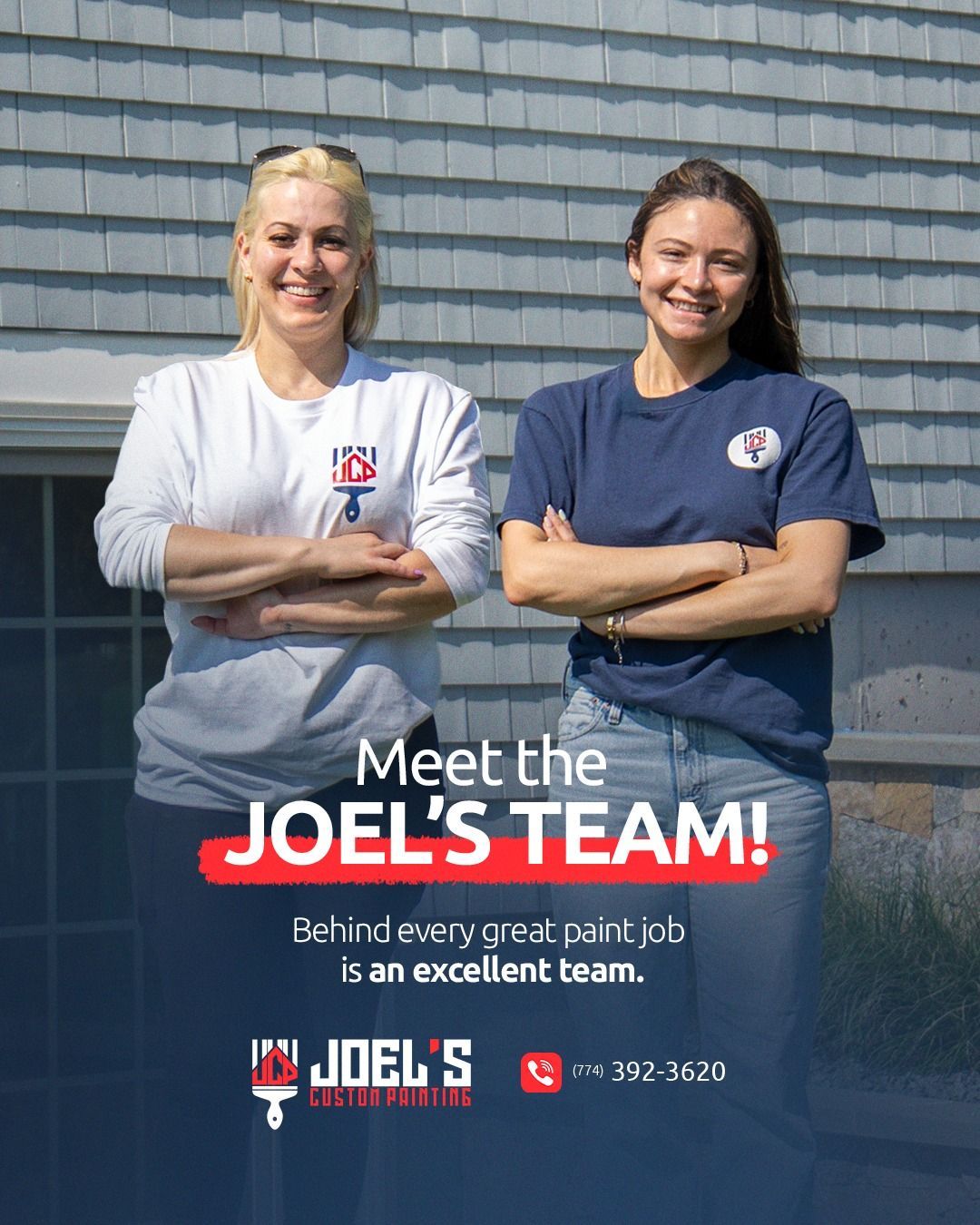 Two people stand with arms crossed in front of a gray shingled wall, promoting Joel’s Painting, with contact info included.