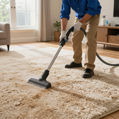 Person vacuuming a beige carpet in a bright living room with a canister vacuum.