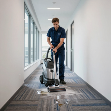 Man vacuuming a carpeted office hallway with a floor-cleaning machine.