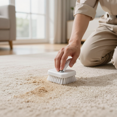 Person scrubbing a beige carpet with a brush in a bright living room