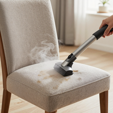 Vacuum cleaning a beige upholstered chair, with visible dust on the seat