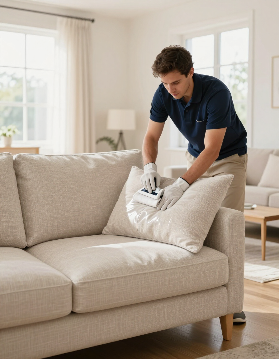 Man vacuuming a beige sofa with a handheld vacuum in a bright living room