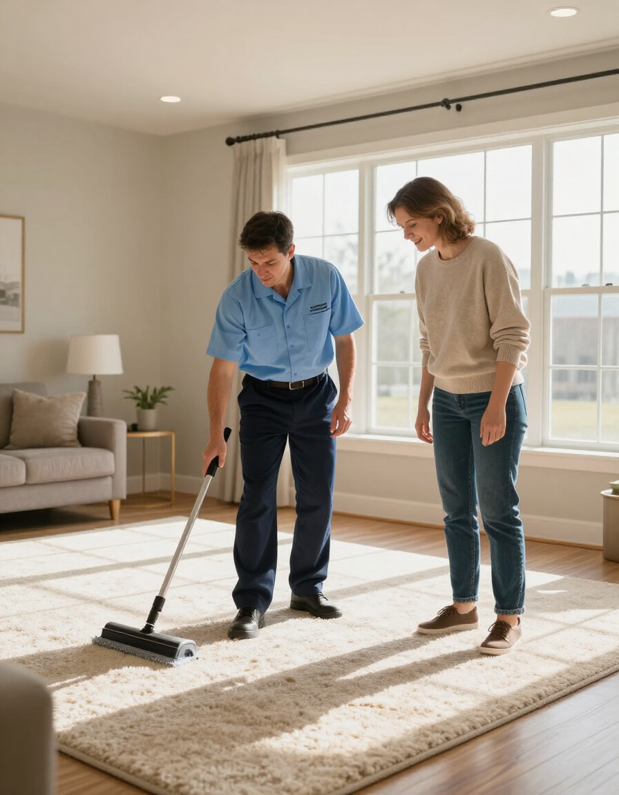 Two people vacuuming a cream rug in a bright living room