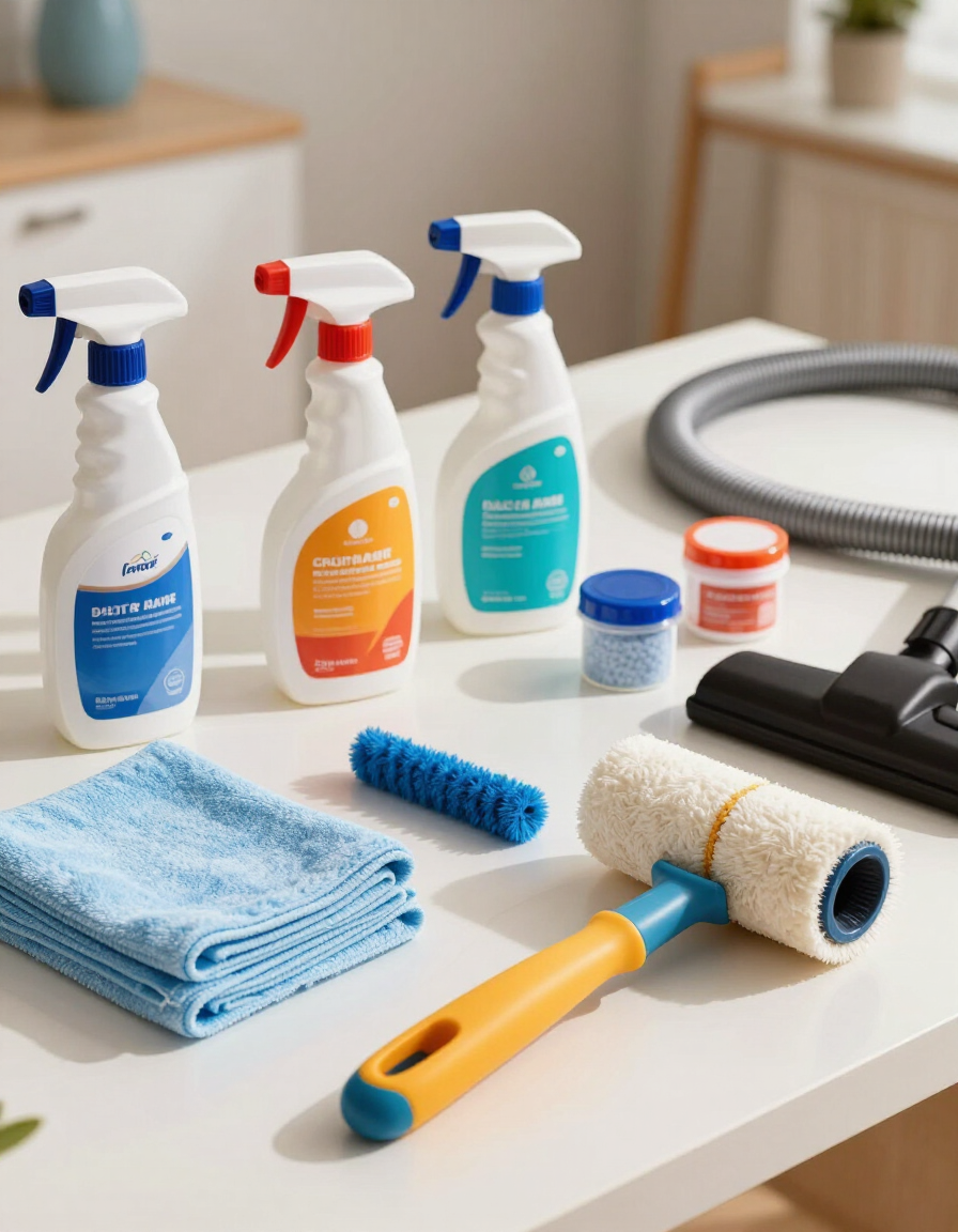 Cleaning supplies on a white countertop, including spray bottles, cloths, sponges, a brush, and a vacuum attachment.