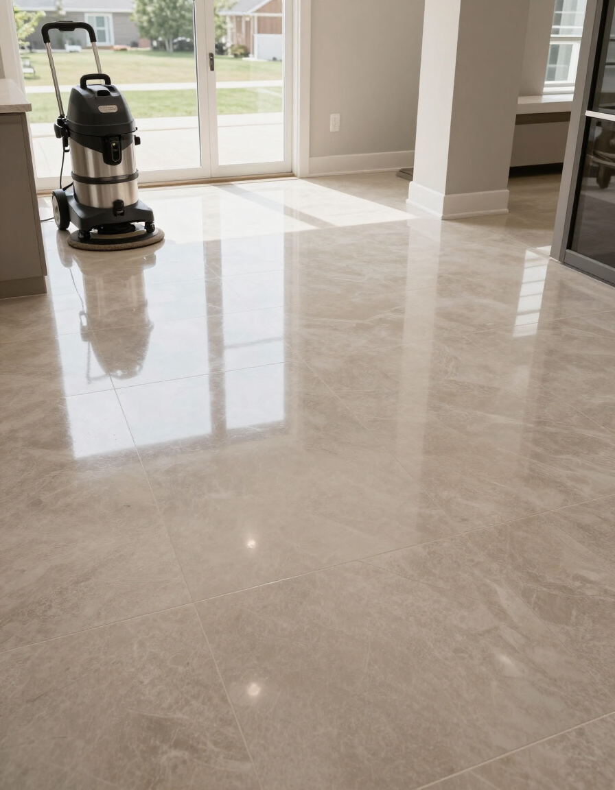 Shiny marble floor in a bright room, with a vacuum cleaner near the glass door.