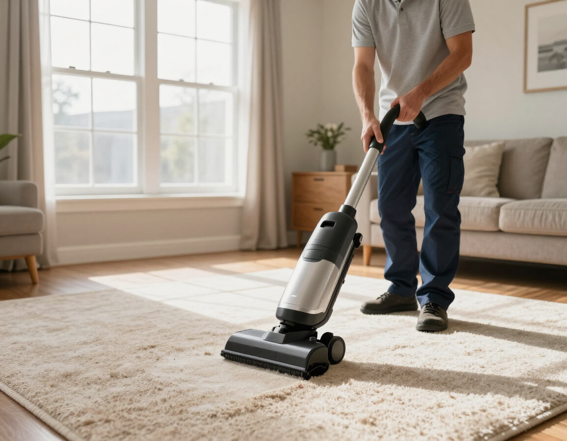 Person vacuuming a beige rug in a bright living room