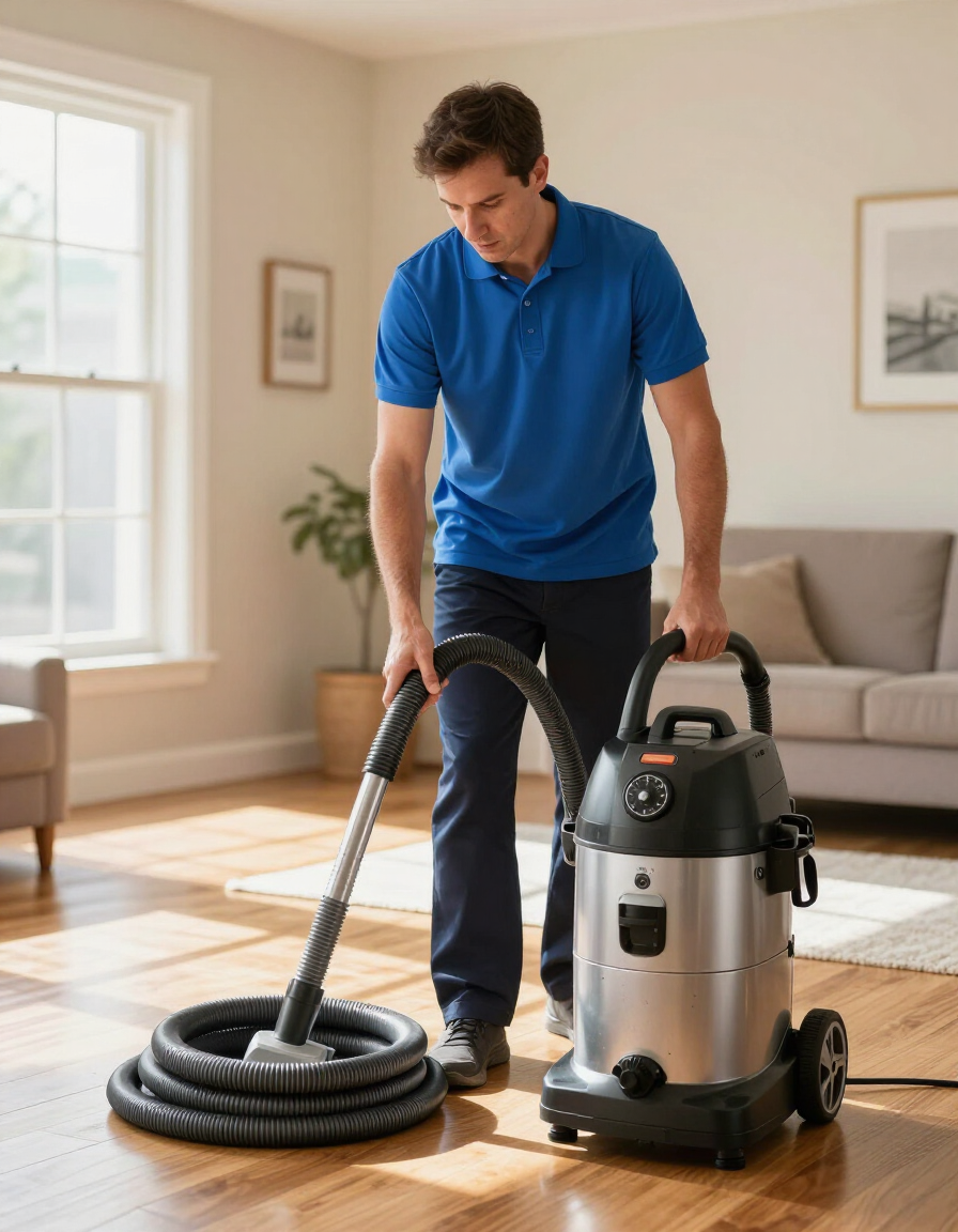 Man vacuuming a living room with a canister vacuum and coiled hose near a window and sofa