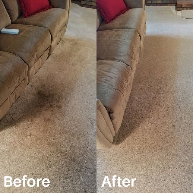 Before-and-after view of a beige sofa upholstery stain removed from a carpeted living room