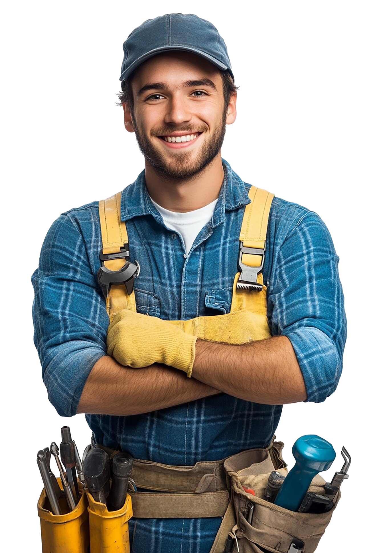 Un ouvrier du bâtiment souriant, portant une chemise à carreaux bleus, une casquette et une ceinture à outils avec divers outils à main, isolé sur fond blanc.