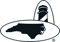 Black North Carolina state silhouette with a lighthouse inside an oval logo