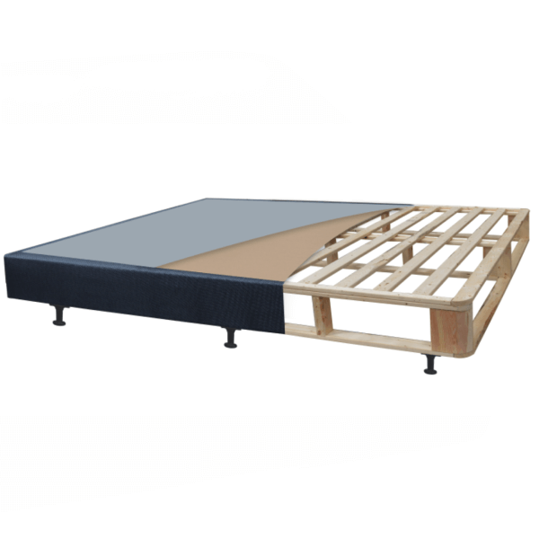 Un armazón de cama con un palé de madera debajo.