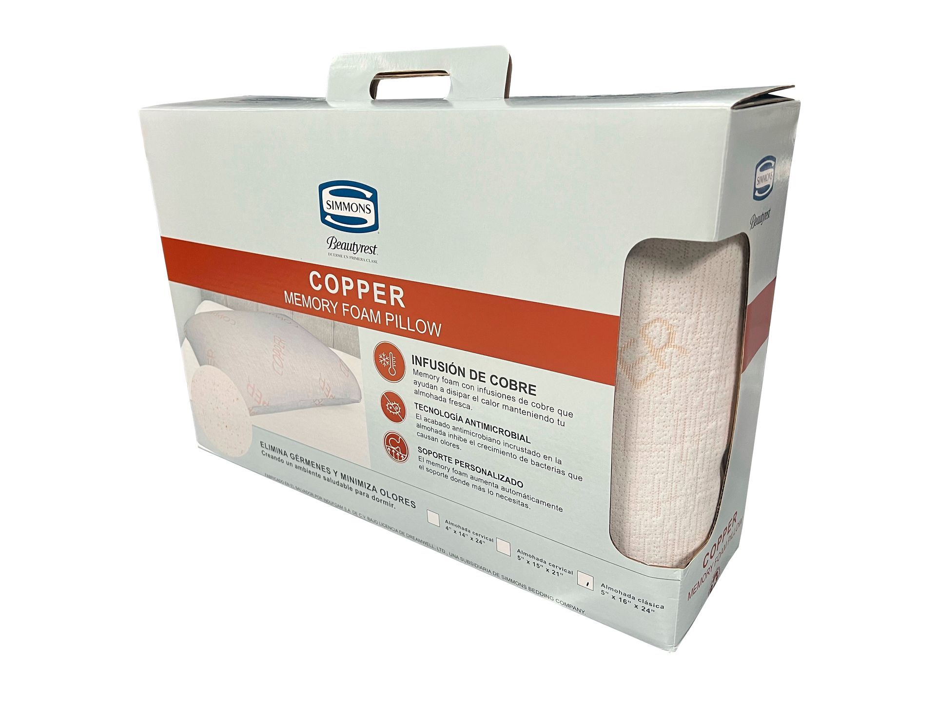 Una caja de almohada de cobre con asa sobre fondo blanco.