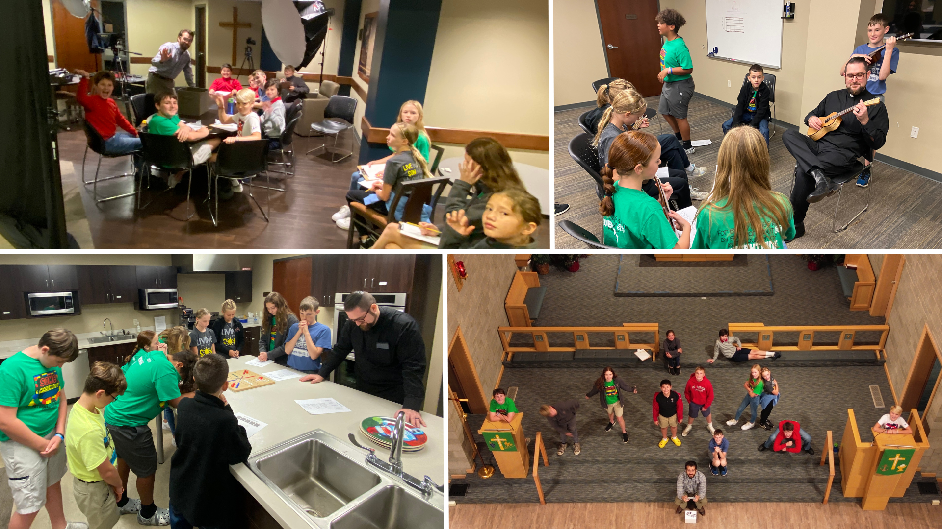 Collage of people in various rooms: playing guitar, gathering, cooking, and performing.