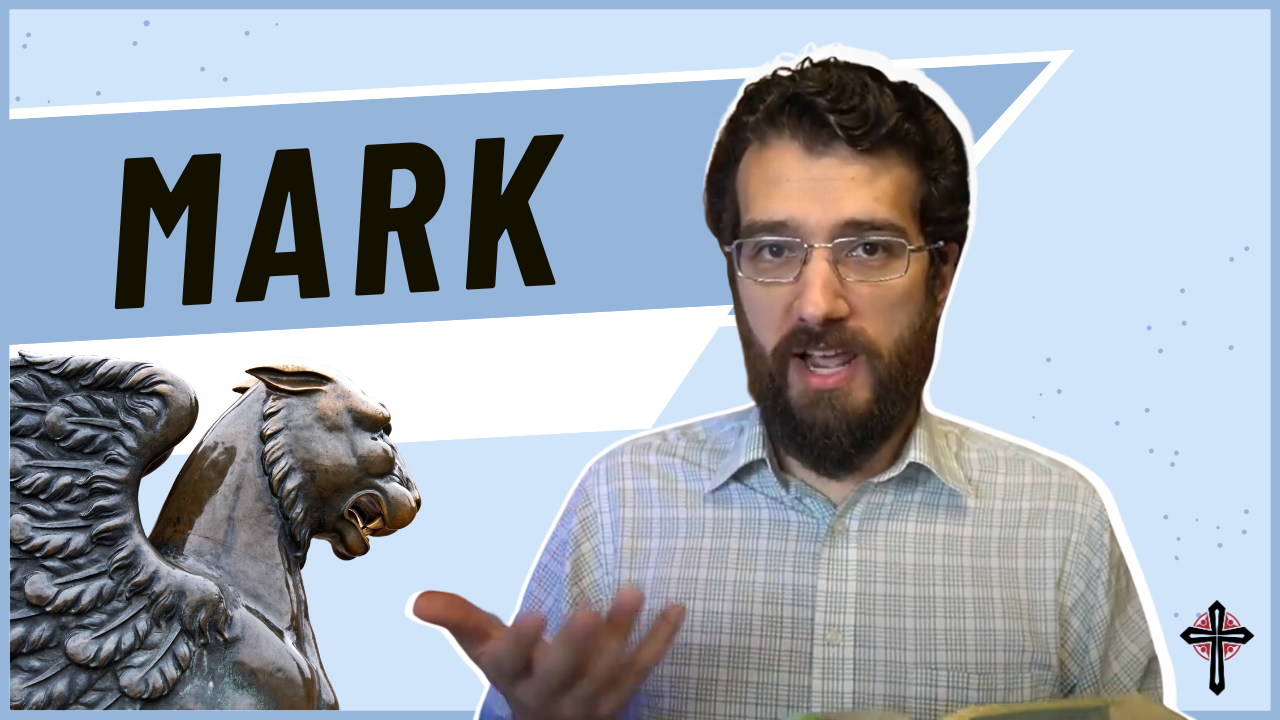 Man speaking, “Mark” text, stone creature, light blue background.