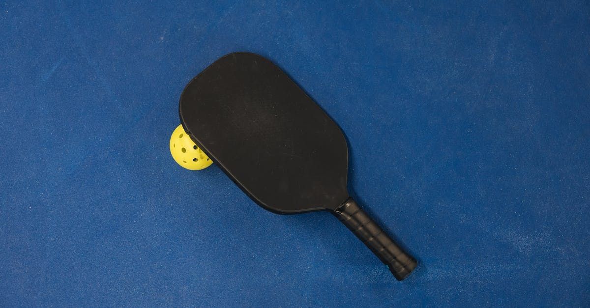 Black pickleball paddle and yellow ball on a blue surface.