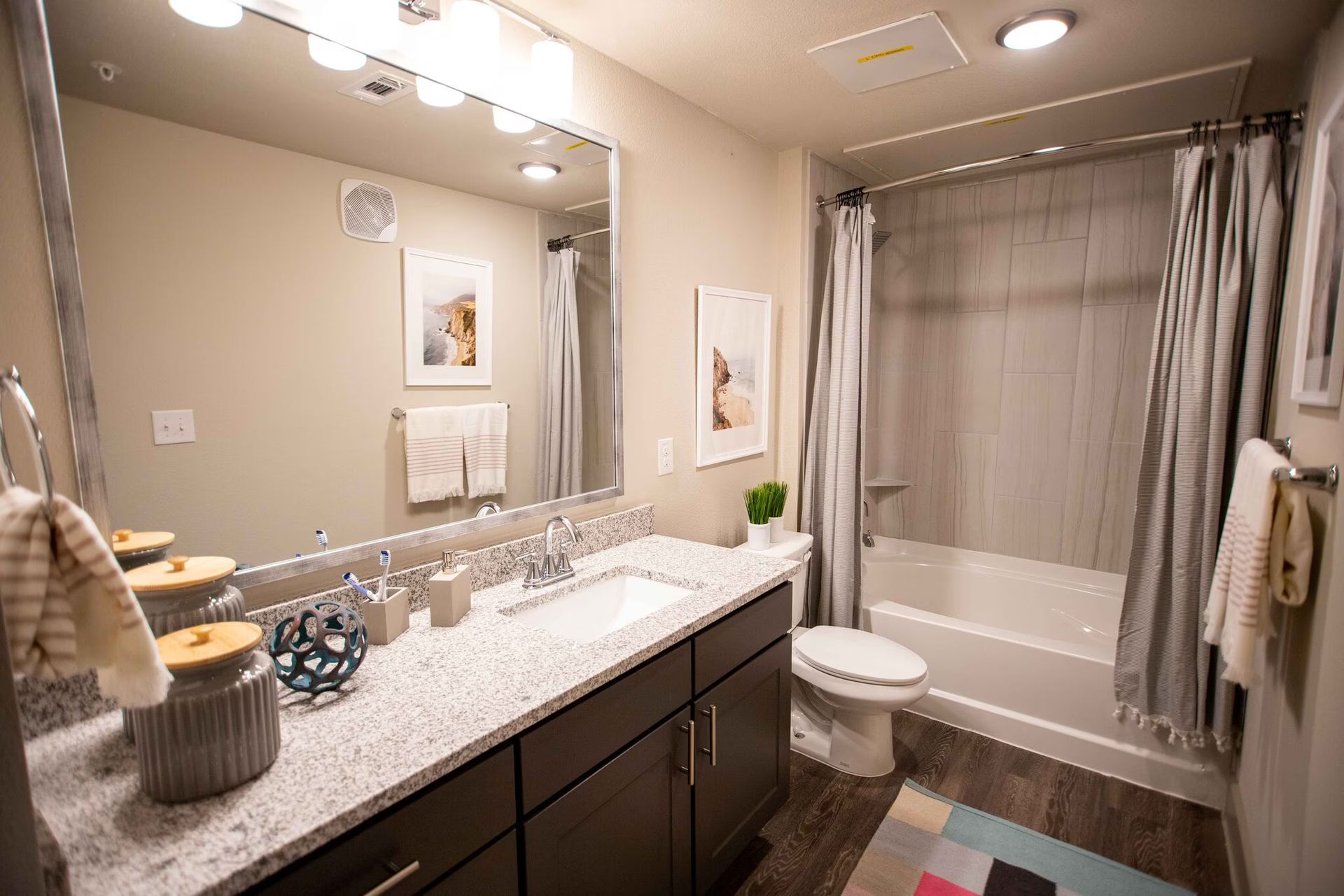 Bathroom with vanity, mirror, tub/shower, and toilet. Features neutral walls, granite counter, and wood-look flooring.