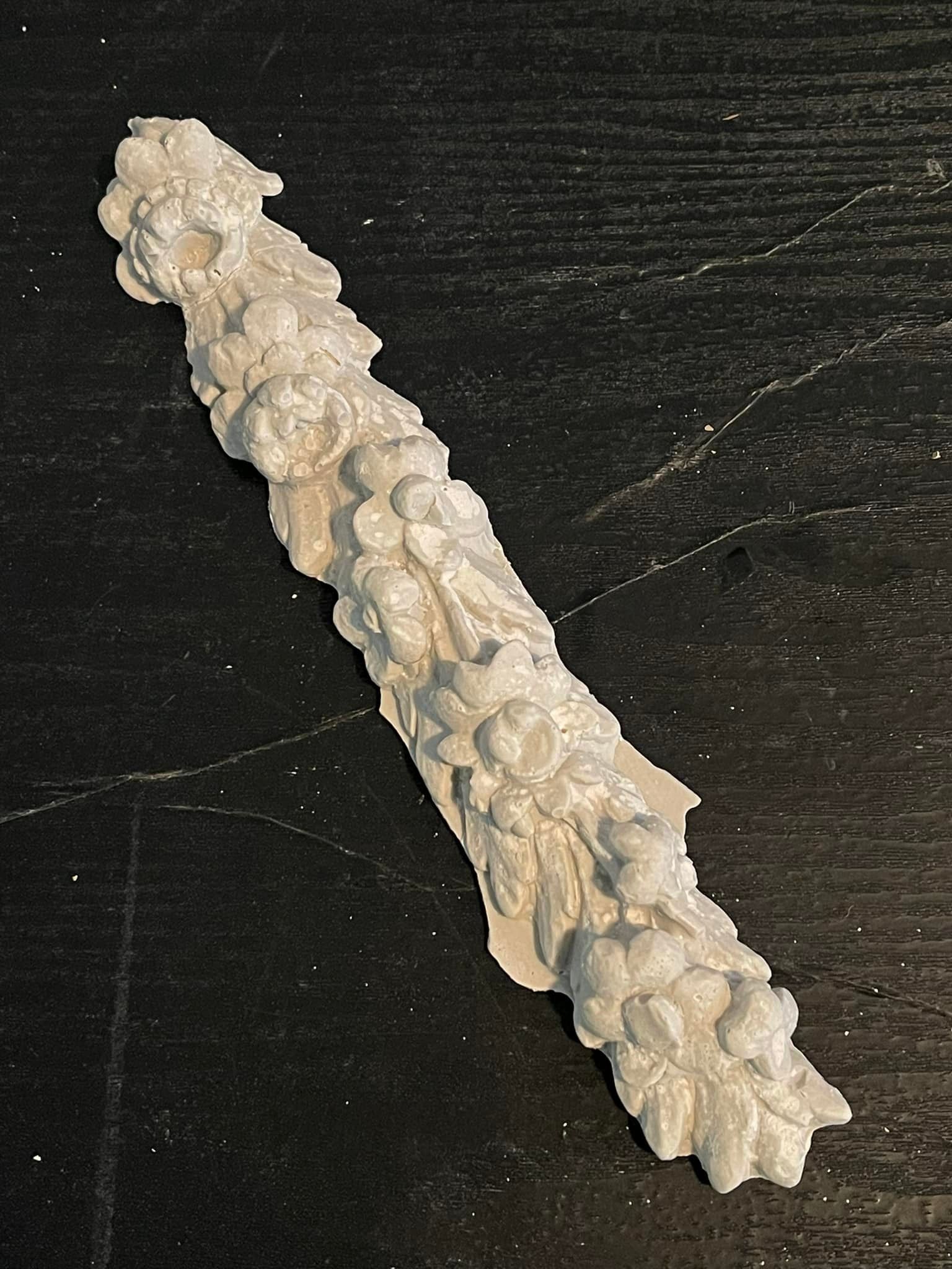 White decorative plaster molding on a dark, textured surface.