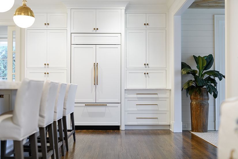 White kitchen with matching cabinets and refrigerator, gold hardware, and a large house plant.