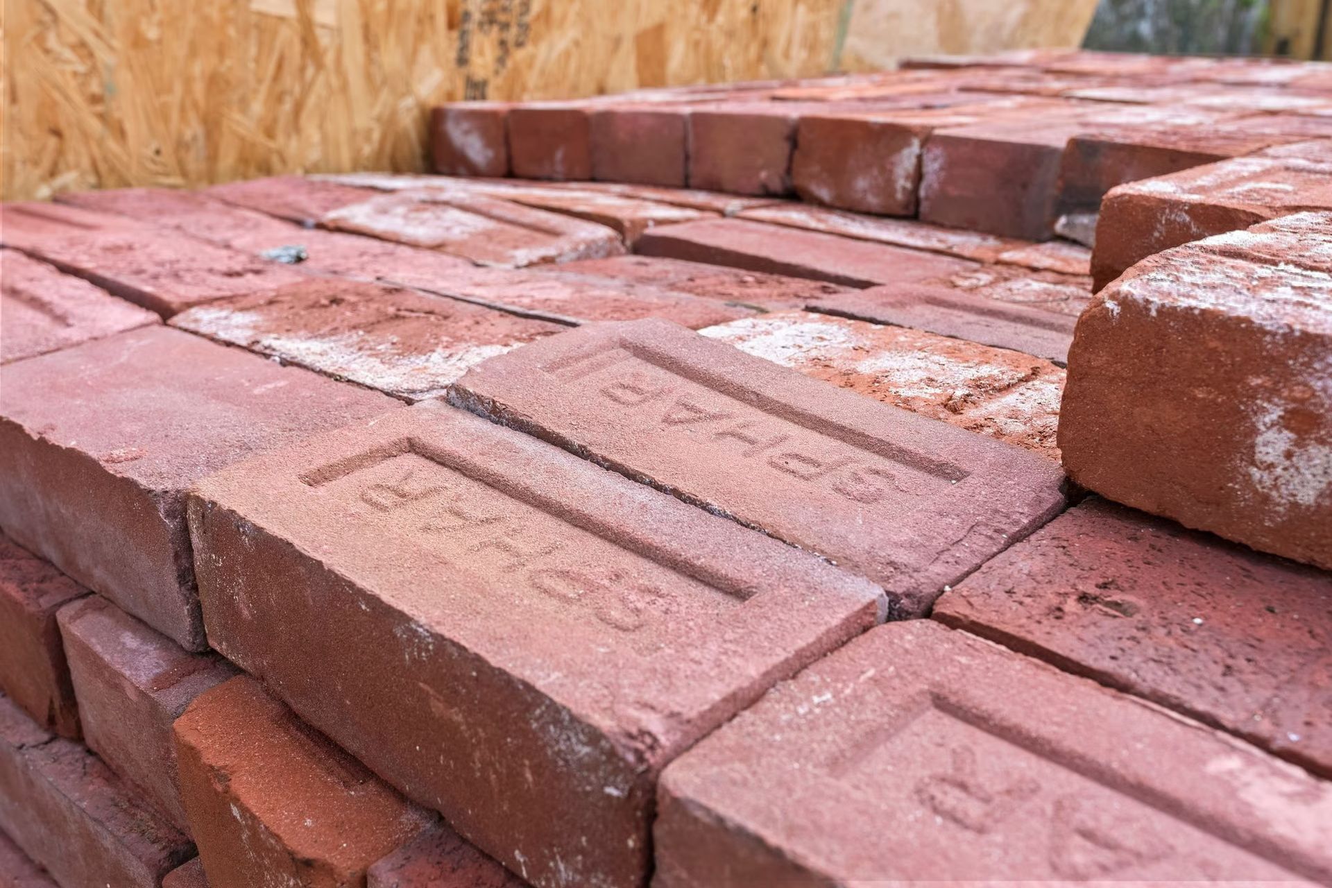 Pile of red bricks, some with the word