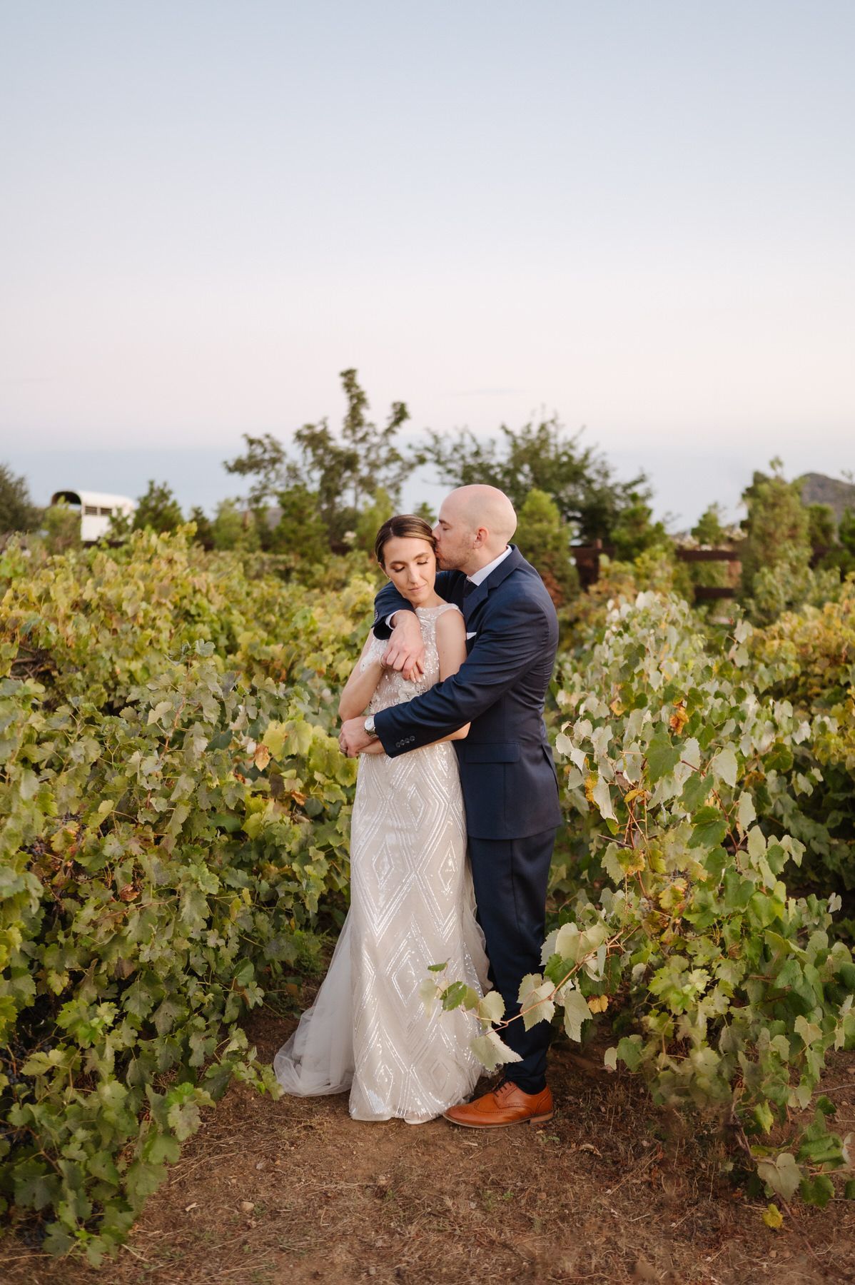 Dan and Tyler Photography A bride and groom are kissing in a vineyard at a Riverside wedding venue.