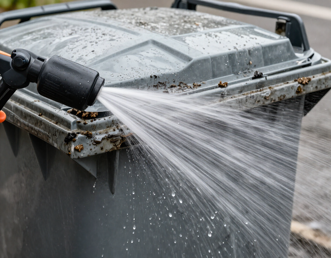 Pressure washer spraying water over a dirty gray trash bin lid outdoors
