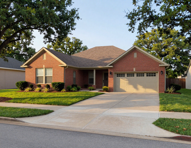 Brick suburban house with a two-car garage, front lawn, and driveway
