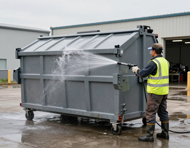 Worker in yellow vest spraying water onto a large gray dumpster outside a warehouse.