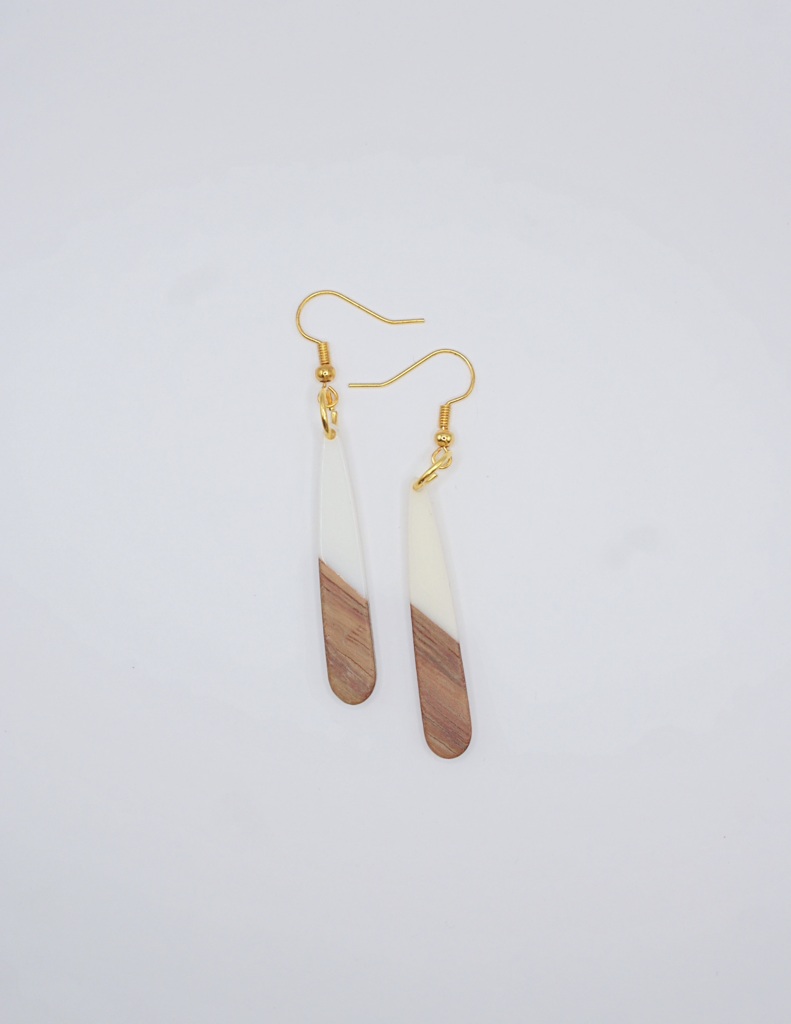 Resin & wood Earrings-Elongated Oval with White Details