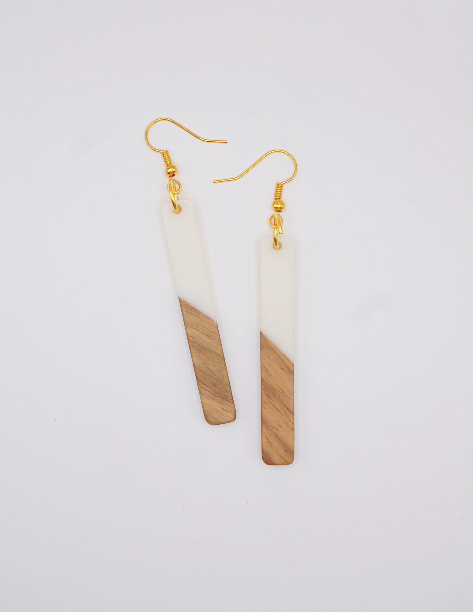 Resin & Wood Earrings-Rectangle with Gold Details